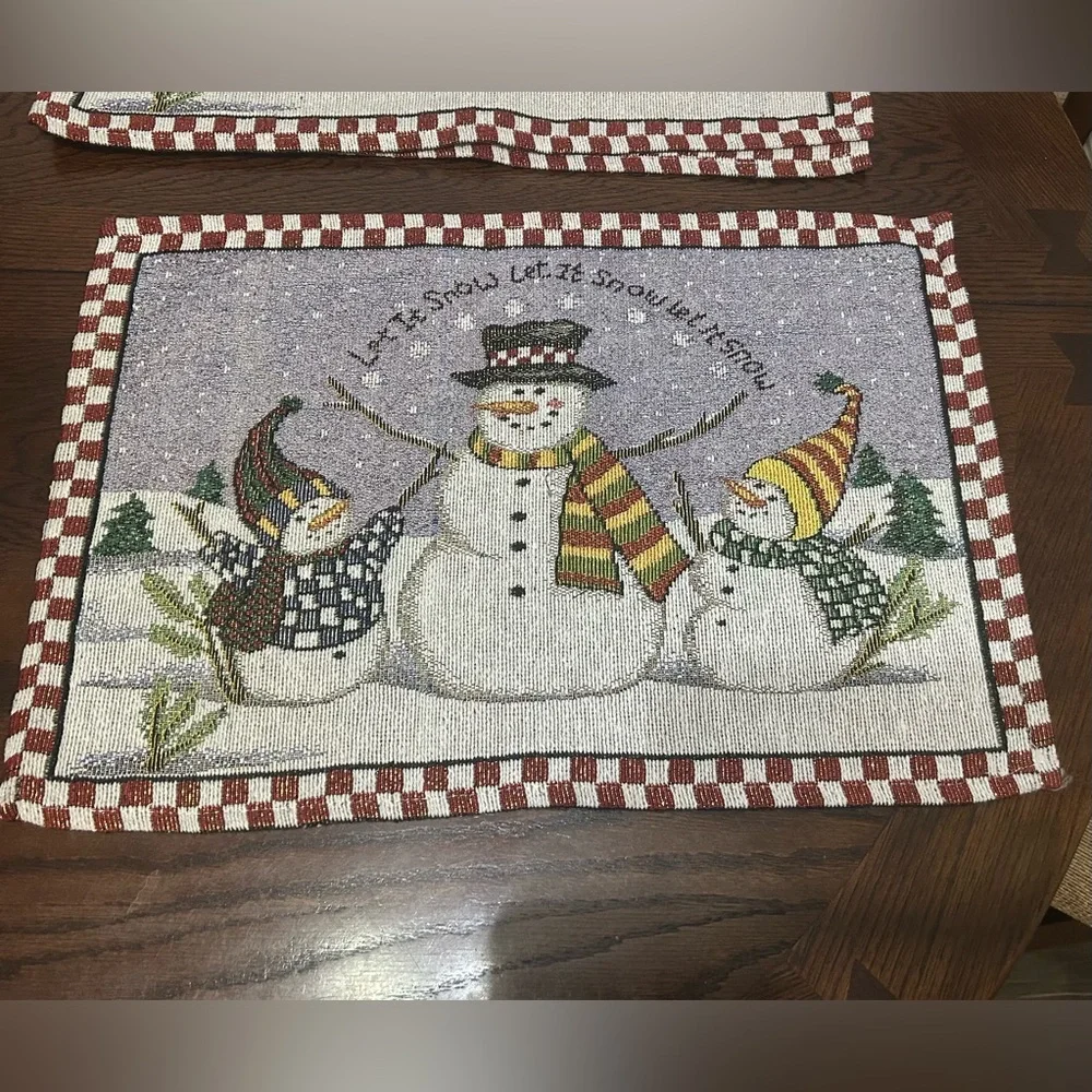 New Set of 4 Tapestry Style Snowman Placemats Size 19” x 13”. Whimsical Holiday